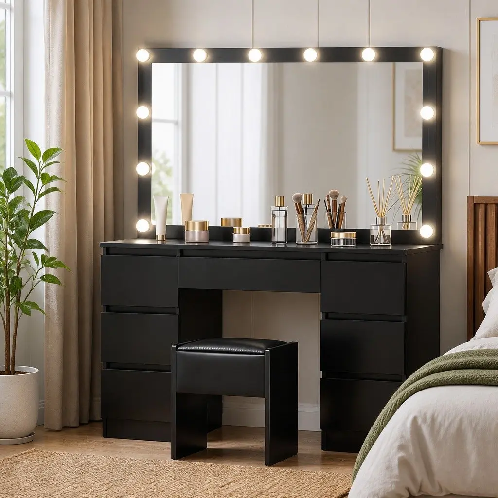 Dressing Table Vanity Desk Set for Makeup Application with LED Bulbs Mirror Foam Padded Stool Black