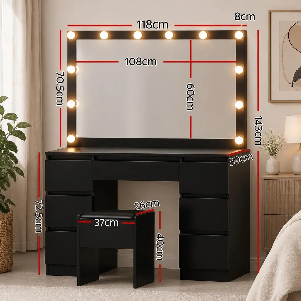 Dressing Table Vanity Desk Set for Makeup Application with LED Bulbs Mirror Foam Padded Stool Black