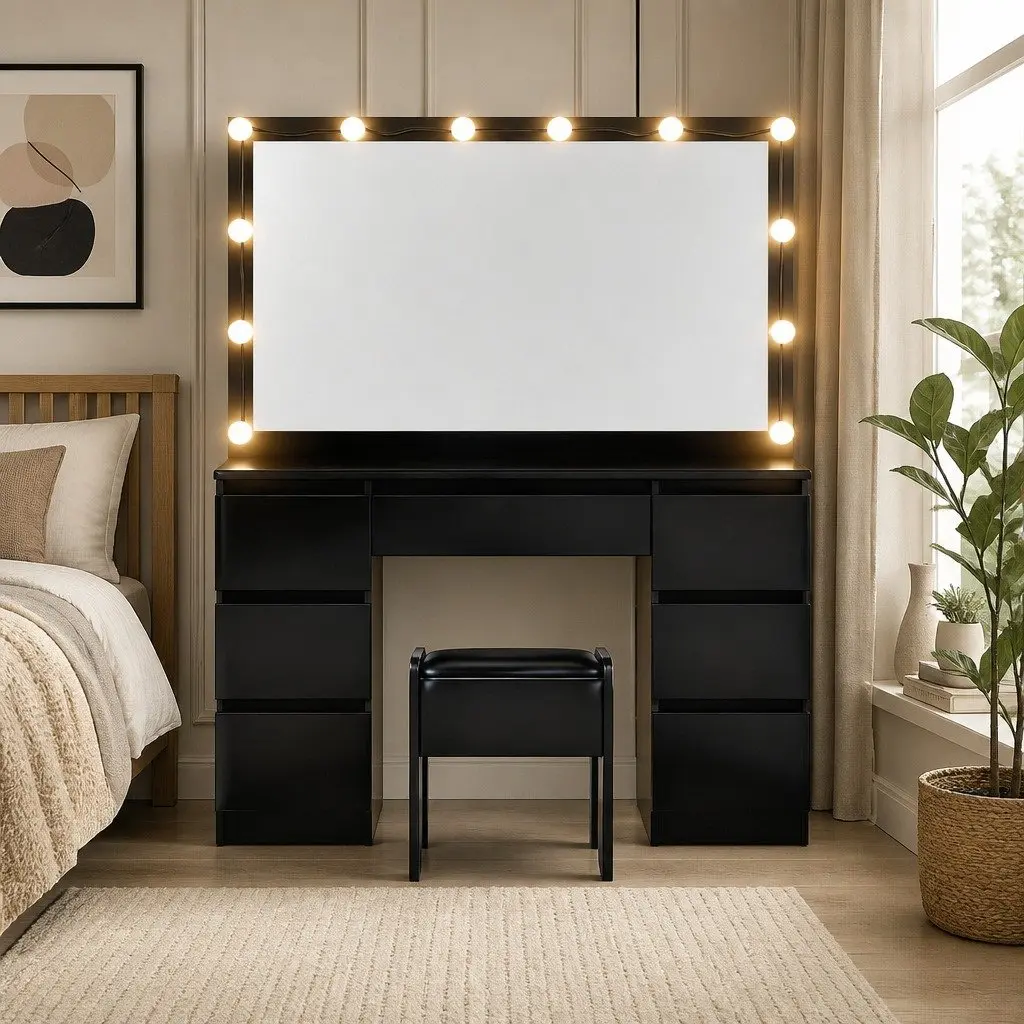 Dressing Table Vanity Desk Set for Makeup Application with LED Bulbs Mirror Foam Padded Stool Black