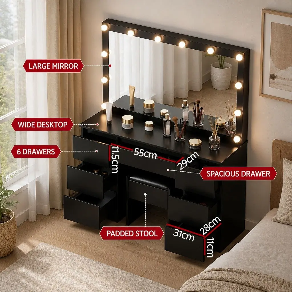 Dressing Table Vanity Desk Set for Makeup Application with LED Bulbs Mirror Foam Padded Stool Black