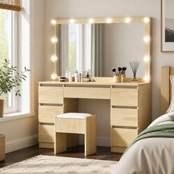 Dressing Table Vanity Desk Set with Stool 12 LED Bulbs 3 Colour Lights Mirror