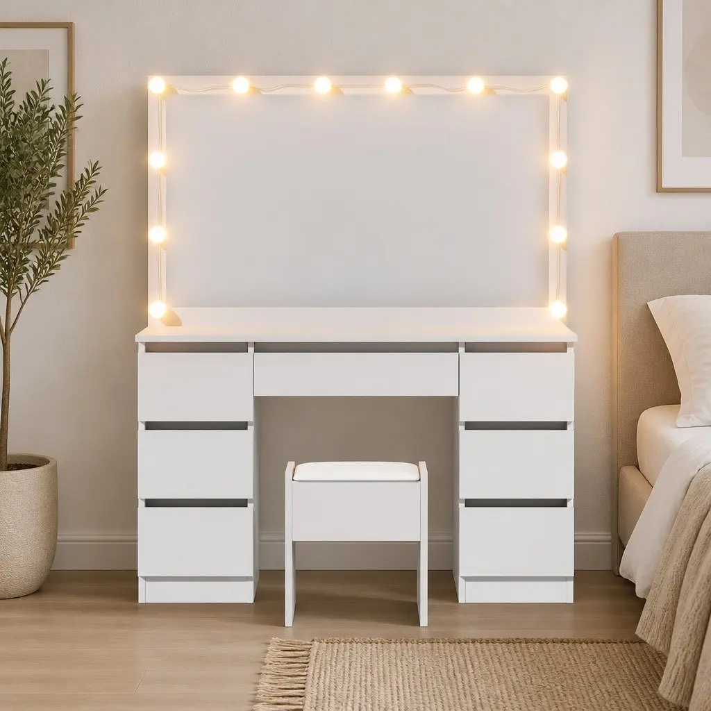 Dressing Table Vanity Desk Set Makeup Application Large Mirror White with Stool 12 LED Bulbs