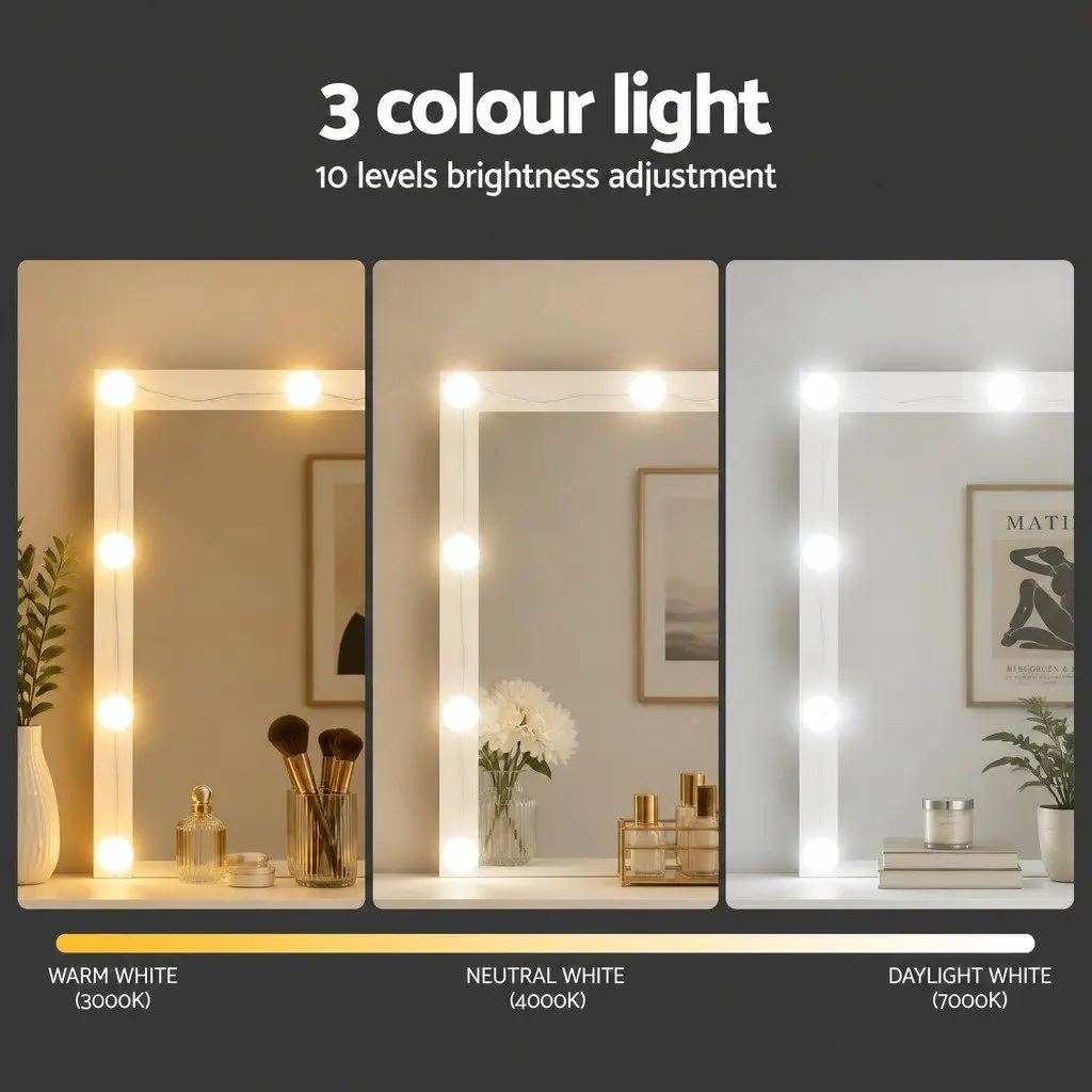 Dressing Table Vanity Desk Set Makeup Application Large Mirror White with Stool 12 LED Bulbs