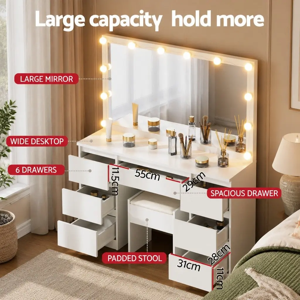 Dressing Table Vanity Desk Set Makeup Application Large Mirror White with Stool 12 LED Bulbs