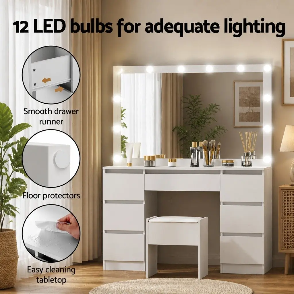 Dressing Table Vanity Desk Set Makeup Application Large Mirror White with Stool 12 LED Bulbs