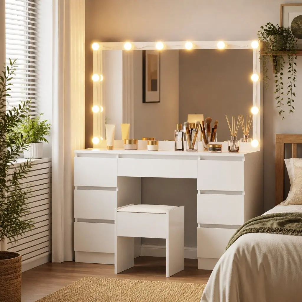 Dressing Table Vanity Desk Set Makeup Application Large Mirror White with Stool 12 LED Bulbs