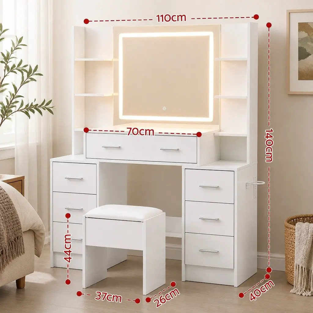 Dressing Table Vanity Desk Set LED Mirror Charging Station Stool White