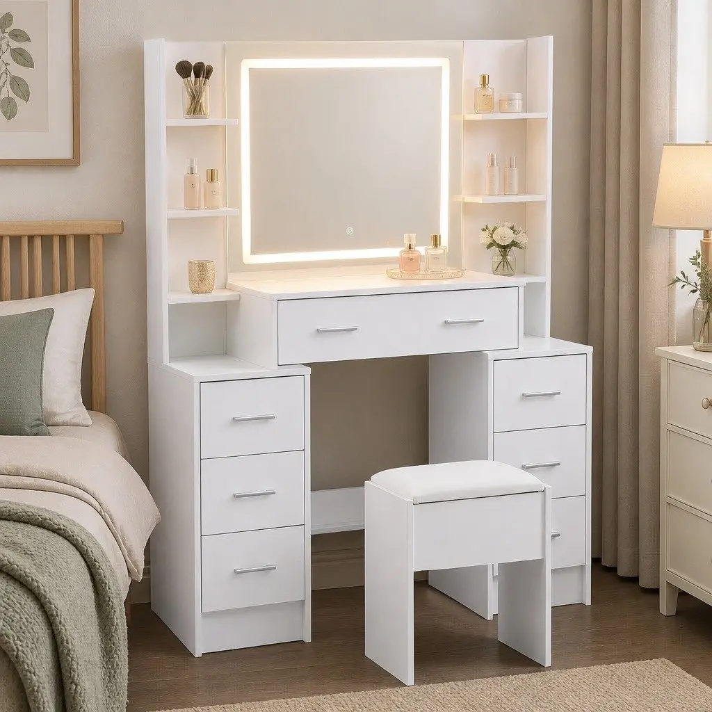 Dressing Table Vanity Desk Set LED Mirror Charging Station Stool White