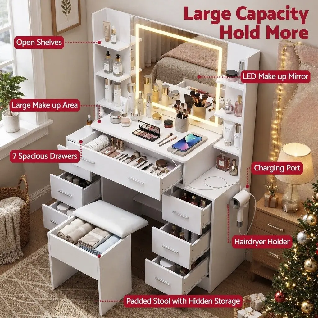 Dressing Table Vanity Desk Set LED Mirror Charging Station Stool White