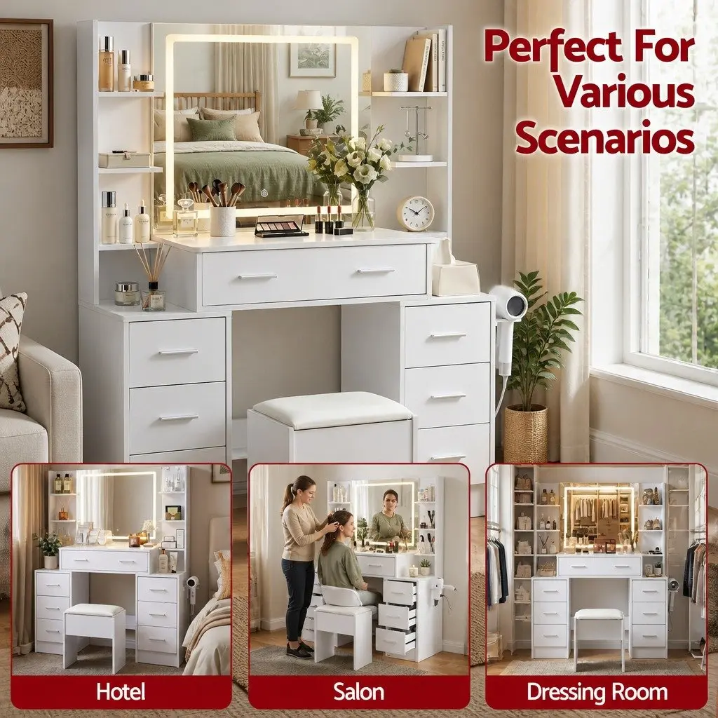 Dressing Table Vanity Desk Set LED Mirror Charging Station Stool White