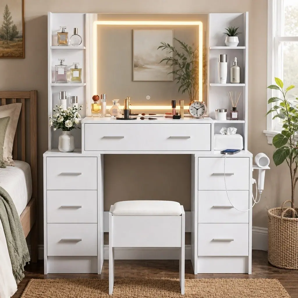 Dressing Table Vanity Desk Set LED Mirror Charging Station Stool White