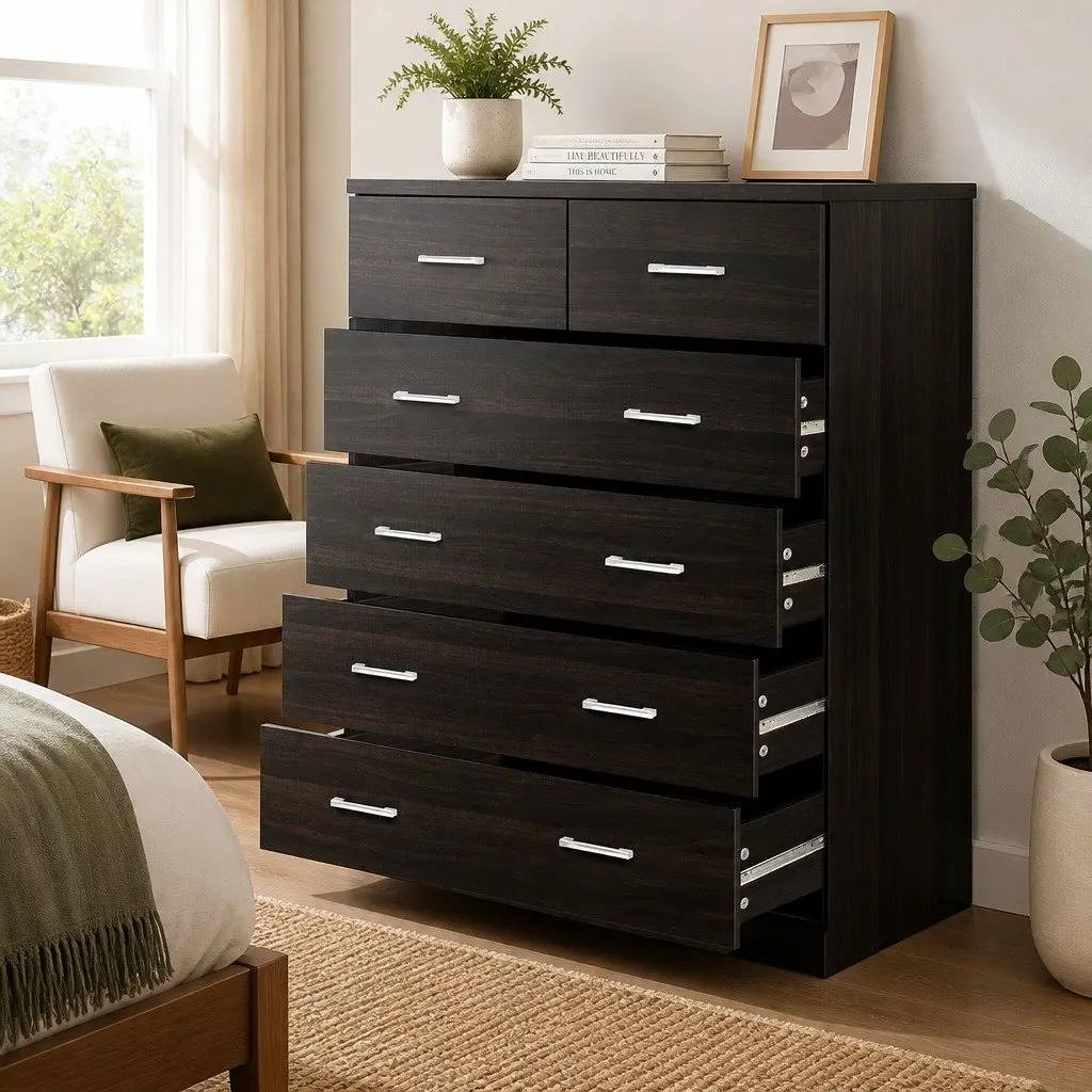 6 Drawer Chest Tallboy Bedroom Storage Cabinet Walnut Contemporary Design