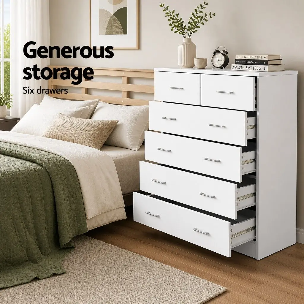 6-Drawer Tallboy Chest of Drawers Bedroom Storage Cabinet White