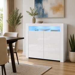 LED Sideboard White High Gloss Display Cabinet Modern Dining Room Storage