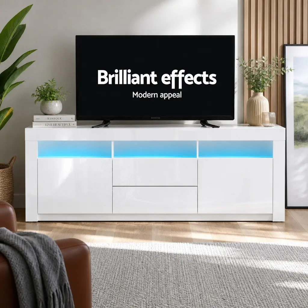 Entertainment Unit TV Cabinet 160cm LED Lighting White Living Room Storage