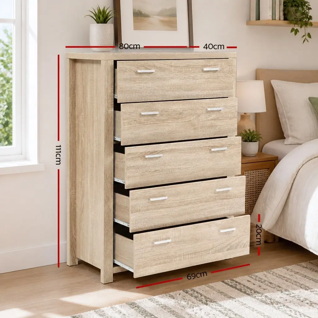 5 Drawer Chest Tallboy Storage Cabinet Bedroom Dresser Pine