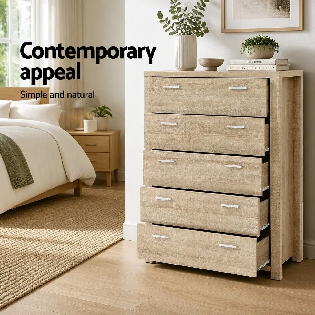5 Drawer Chest Tallboy Storage Cabinet Bedroom Dresser Pine