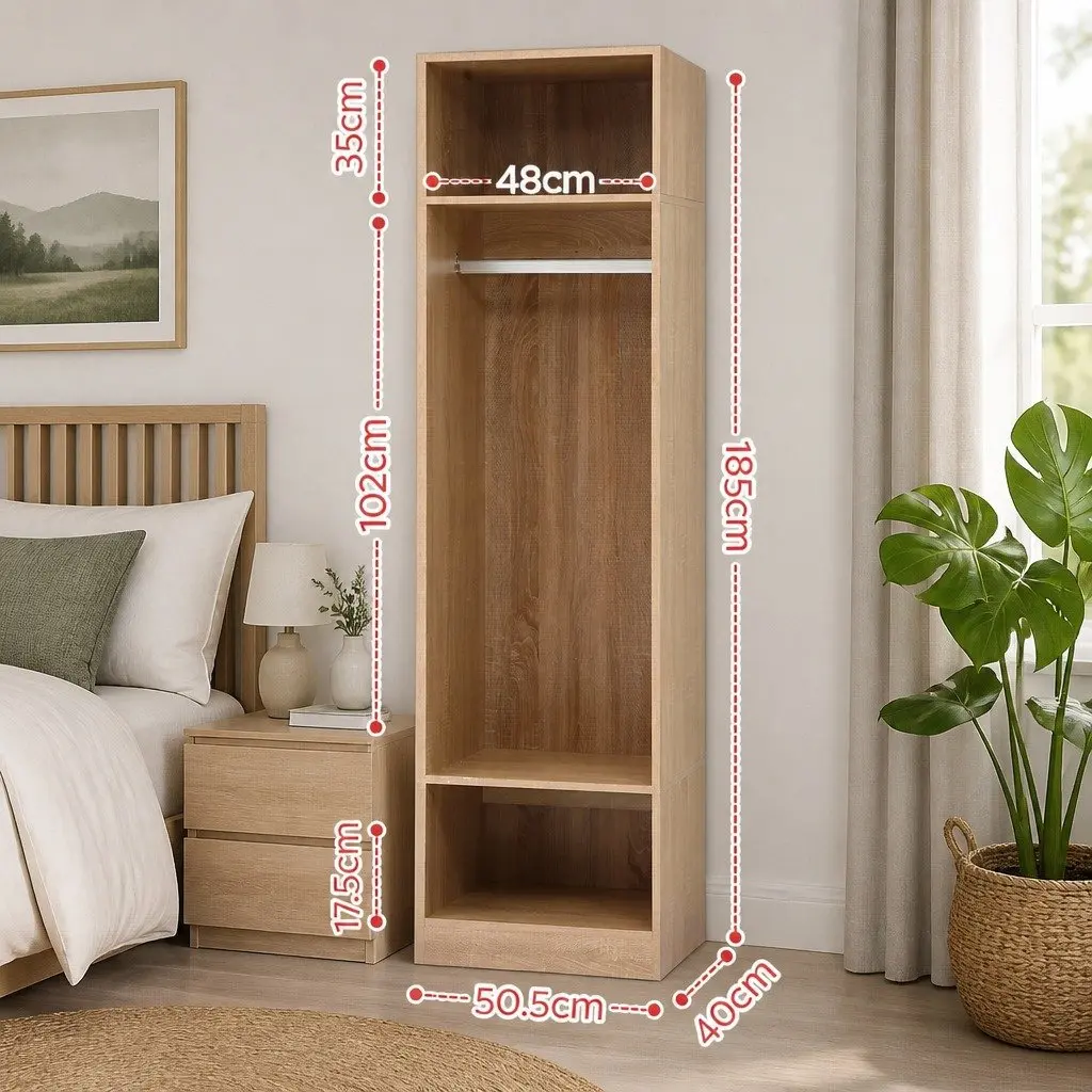 Pine Closet Organizer with Hanging Rod and Open Shelves 185cm Tall 50.5cm Wide