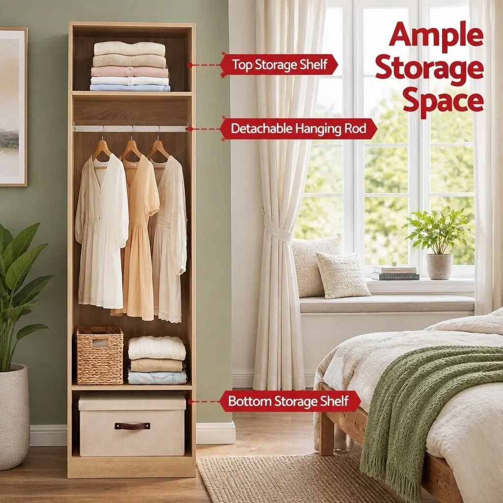 Pine Closet Organizer with Hanging Rod and Open Shelves 185cm Tall 50.5cm Wide