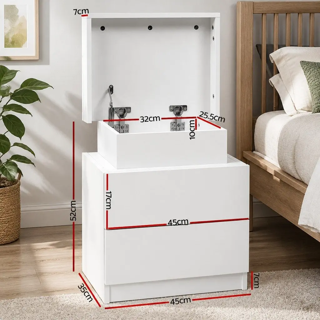 Bedside Table with 2 Drawers Lift-up Storage Compartment White Bedroom Furniture