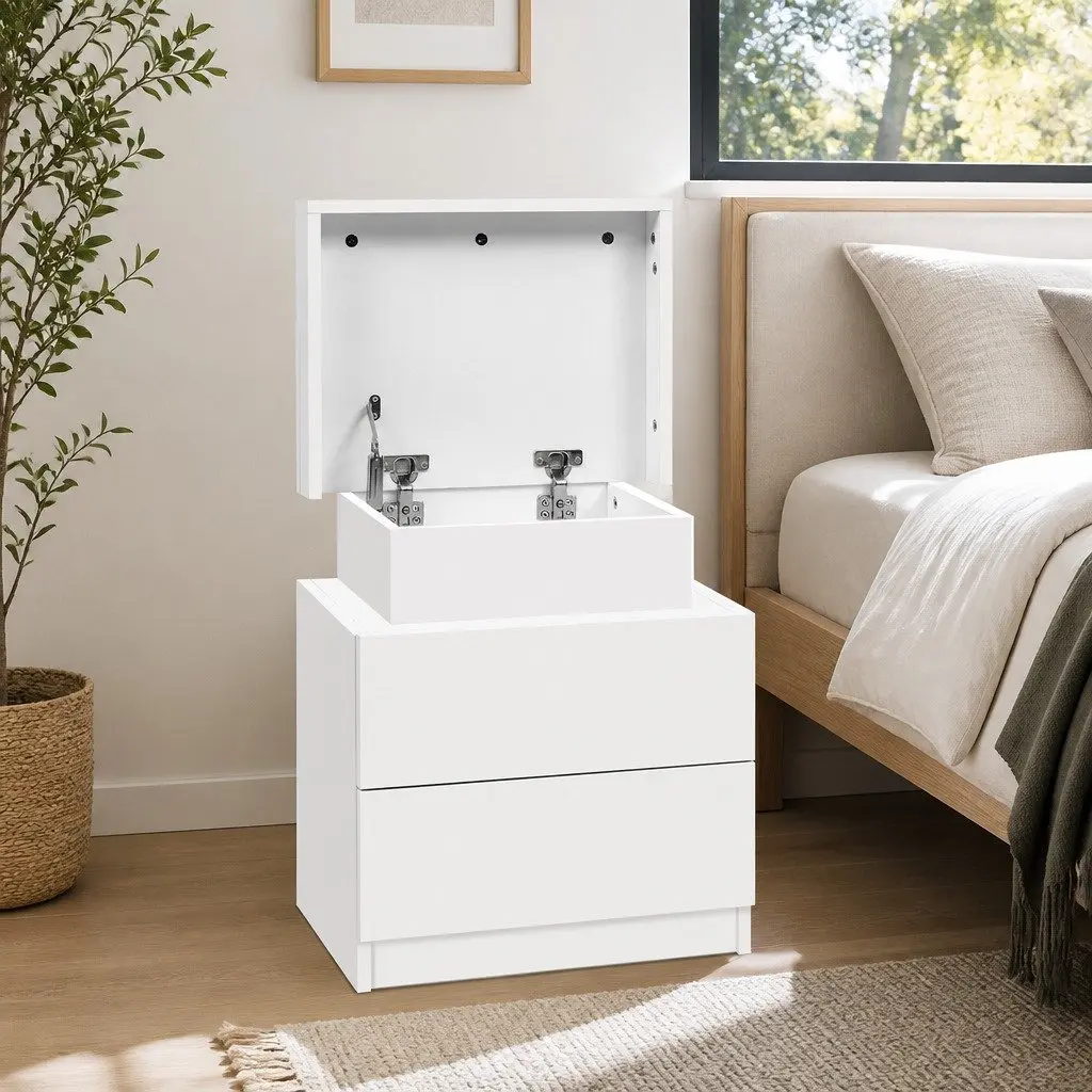 Bedside Table with 2 Drawers Lift-up Storage Compartment White Bedroom Furniture