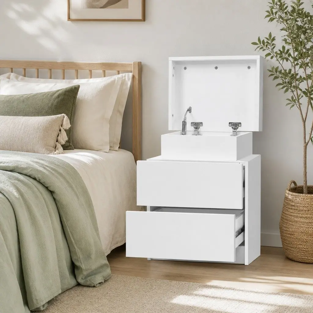 Bedside Table with 2 Drawers Lift-up Storage Compartment White Bedroom Furniture