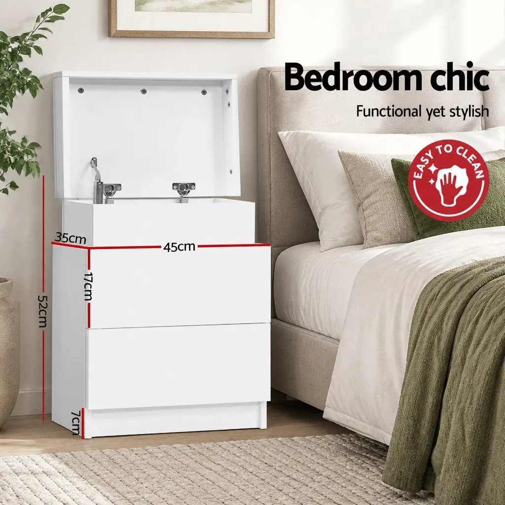 Bedside Table with 2 Drawers Lift-up Storage Compartment White Bedroom Furniture