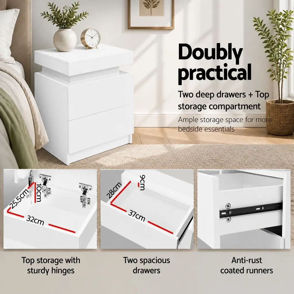 Bedside Table with 2 Drawers Lift-up Storage Compartment White Bedroom Furniture