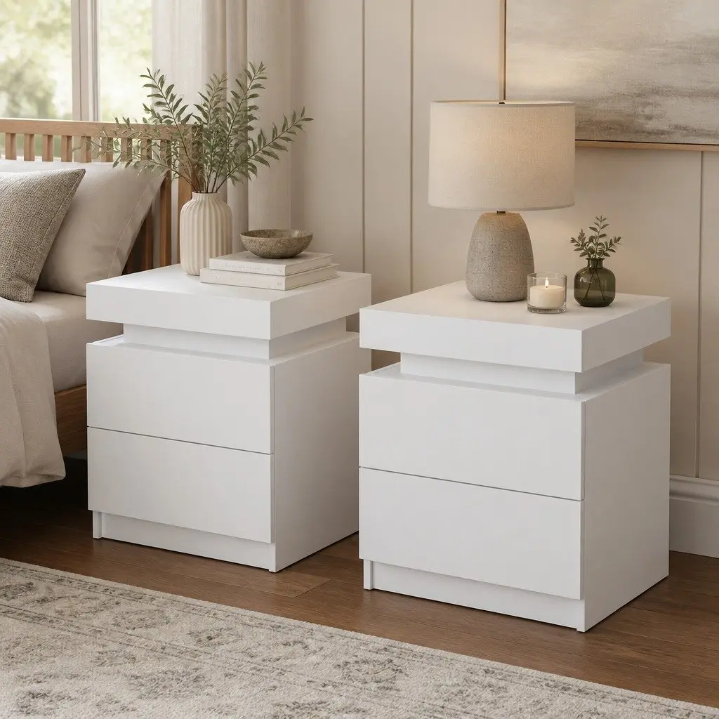 White Bedside Table with Lift-Up and Drawers