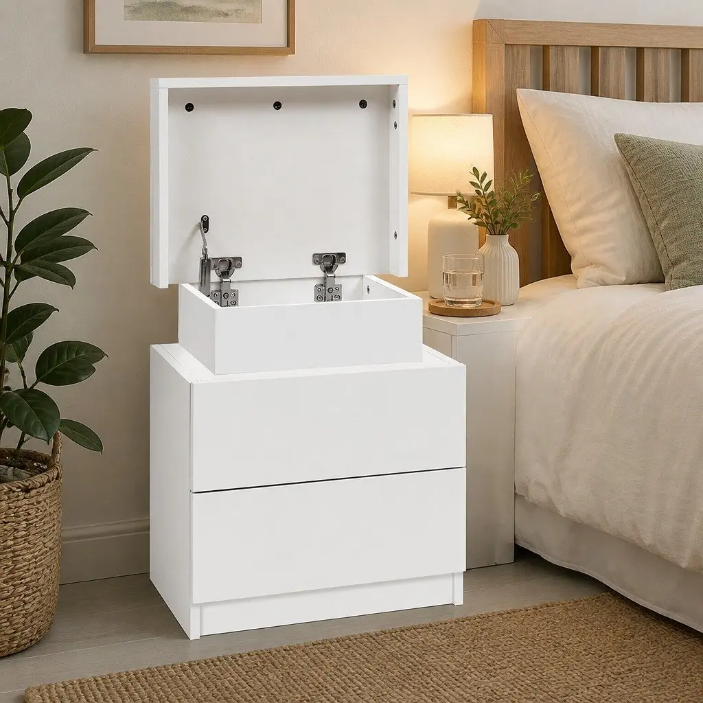 White Bedside Table with Lift-Up and Drawers