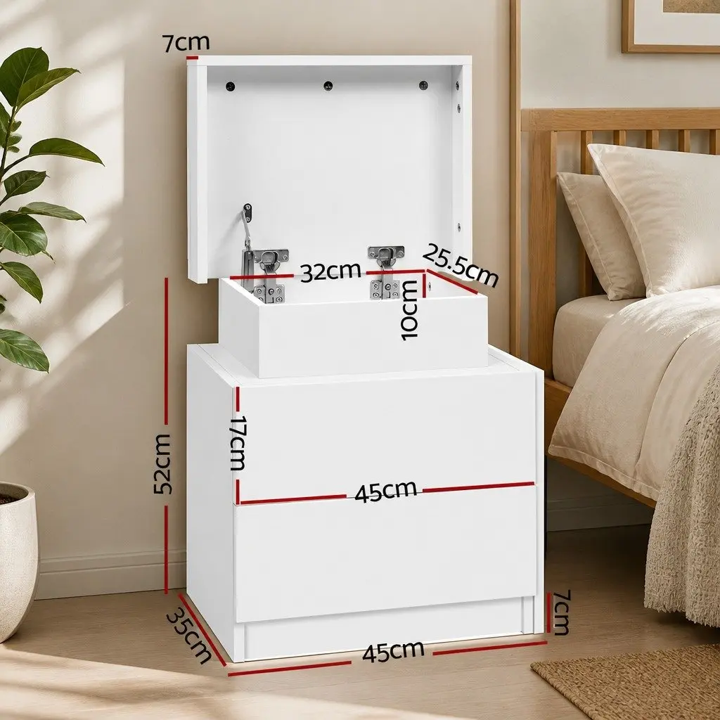 White Bedside Table with Lift-Up and Drawers