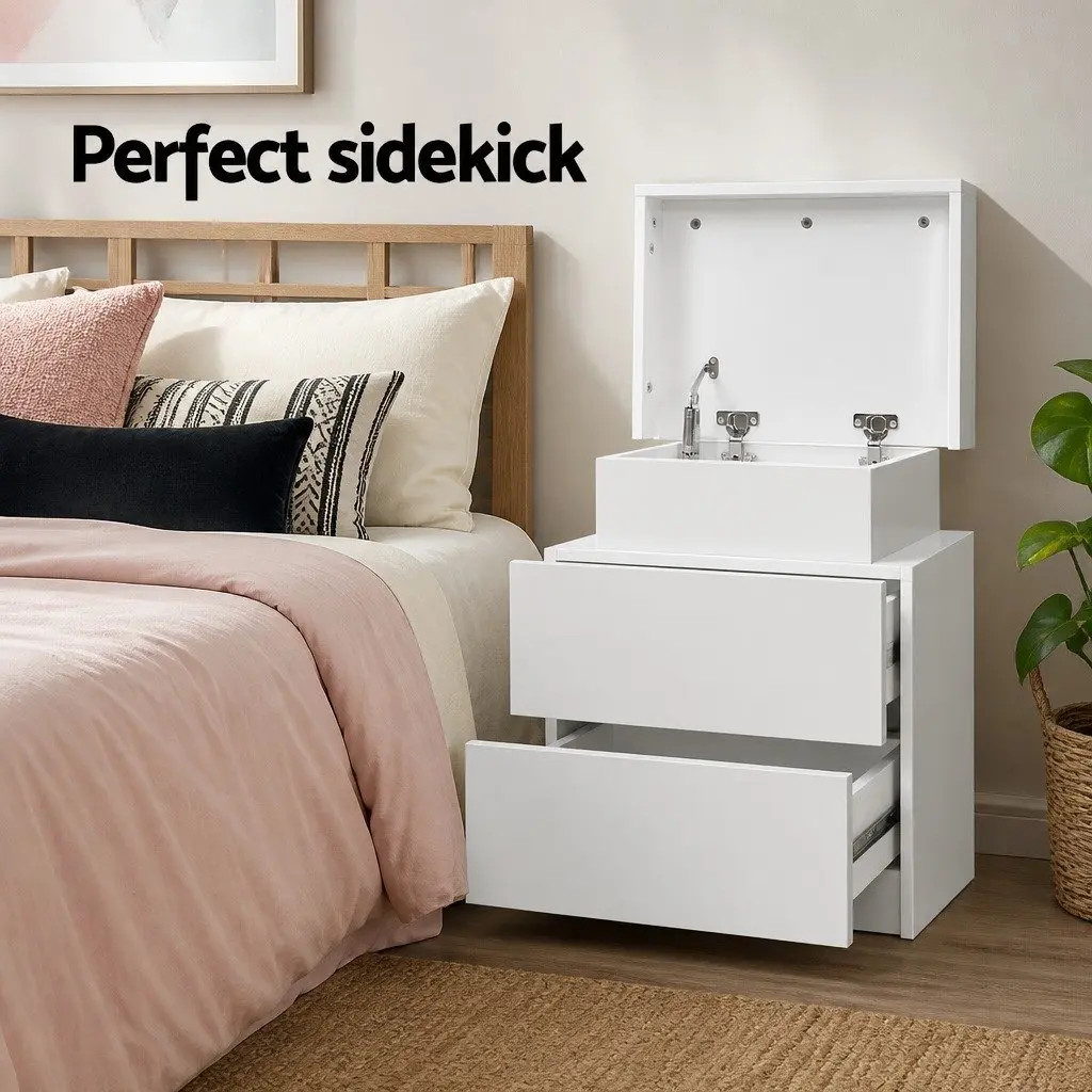 White Bedside Table with Lift-Up and Drawers