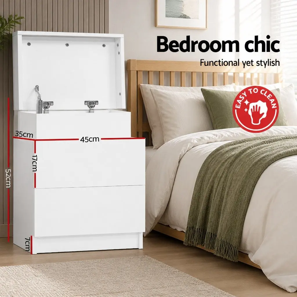 White Bedside Table with Lift-Up and Drawers