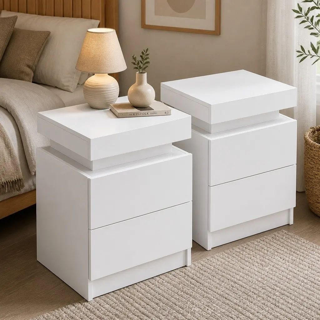 White Bedside Table with Lift-Up and Drawers