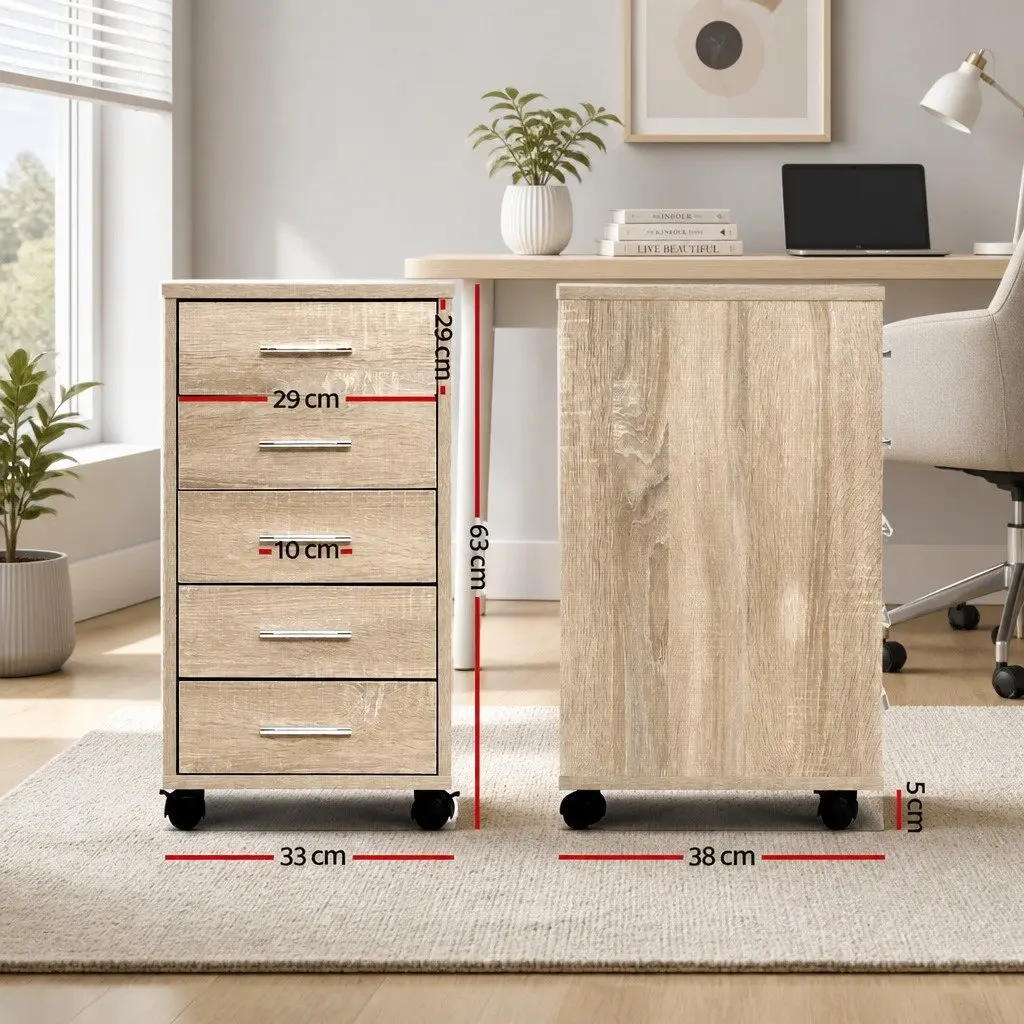 Mobile Filing Cabinet Organiser 5 Drawer 33cm x 38cm x 63cm Beige Wood Tone