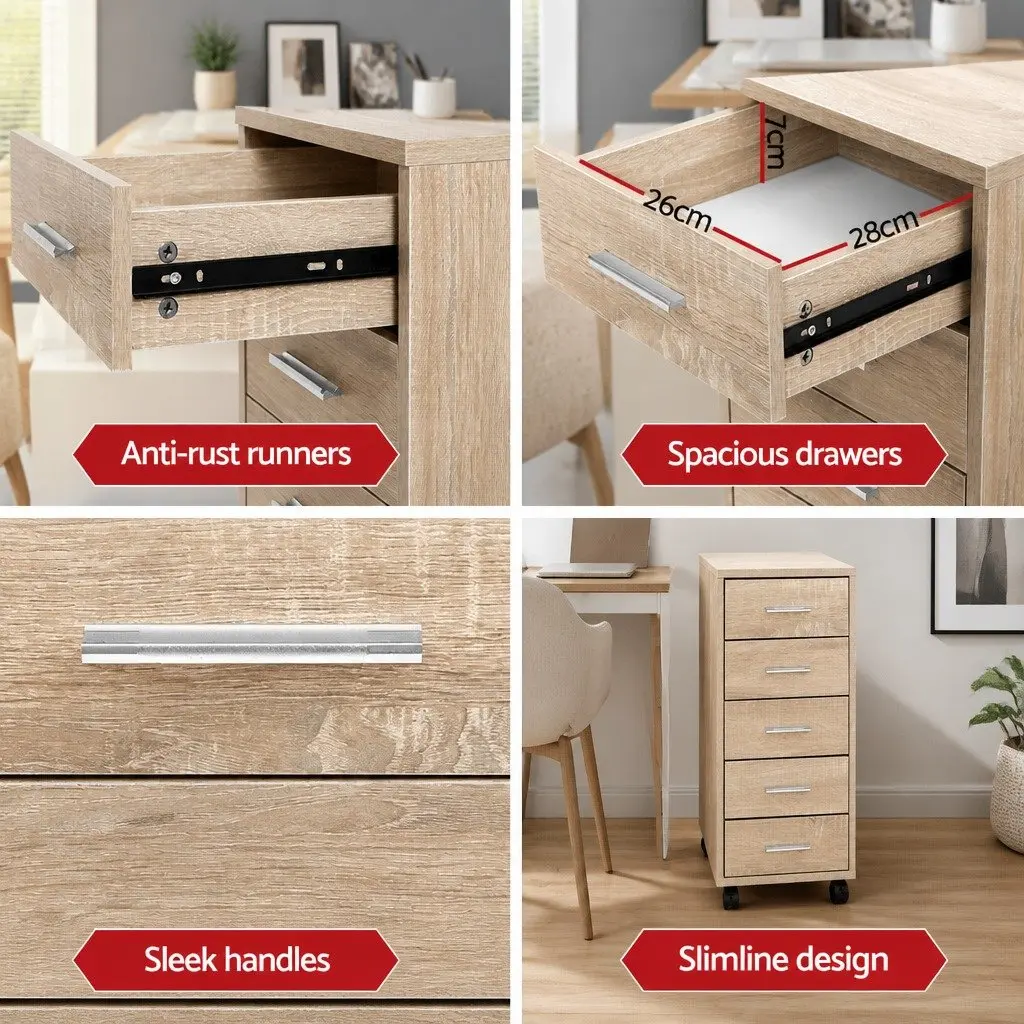 Mobile Filing Cabinet Organiser 5 Drawer 33cm x 38cm x 63cm Beige Wood Tone