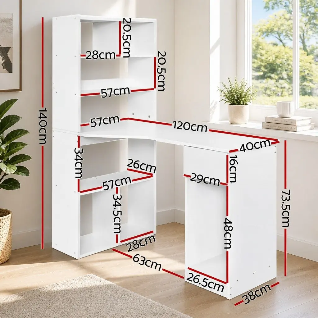 Computer Desk with Bookshelf Storage 120cm White