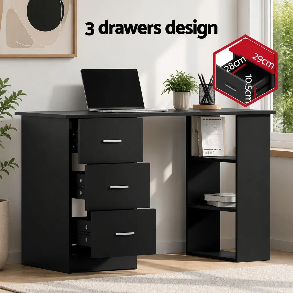Computer Desk with Drawers and Shelves Black 120cm Office Storage Workstation