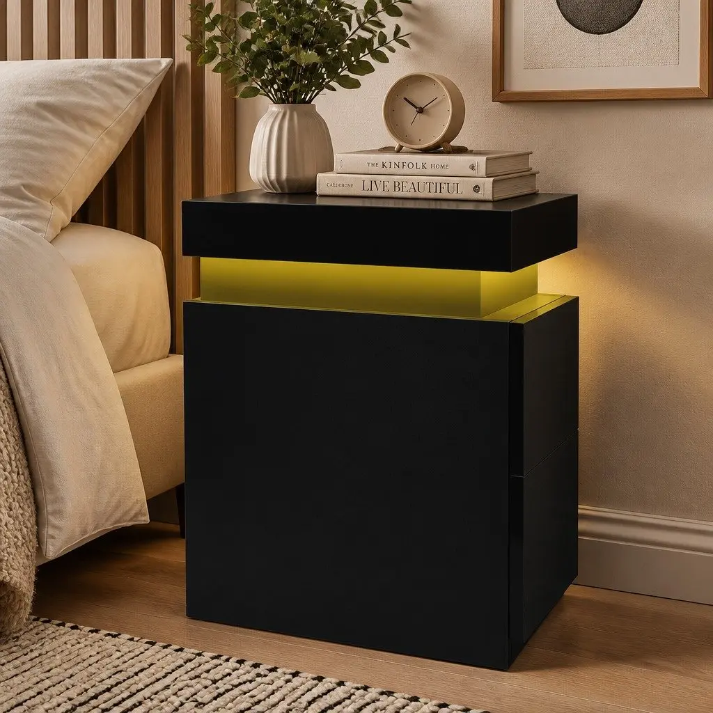 Black Bedside Table with LED Lighting