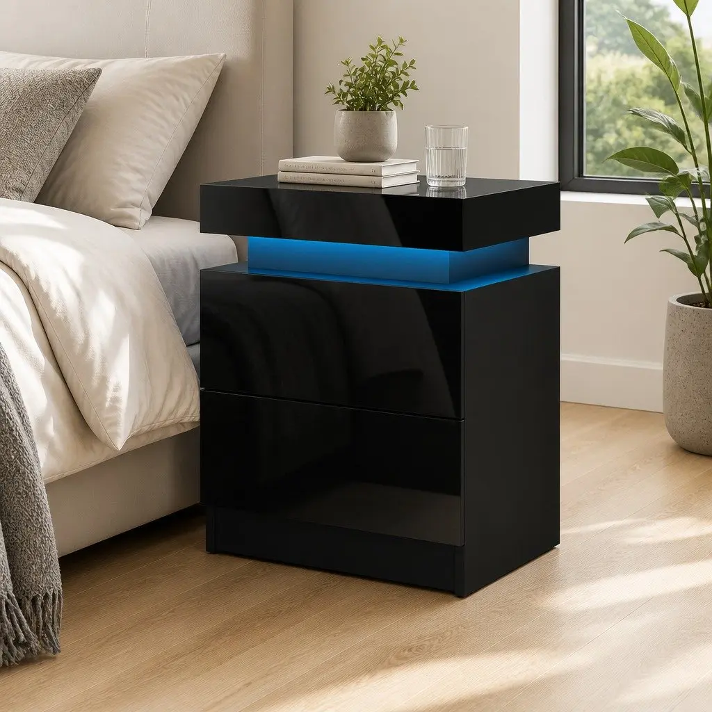 Bedside Table with LED Light and Ample Storage Space