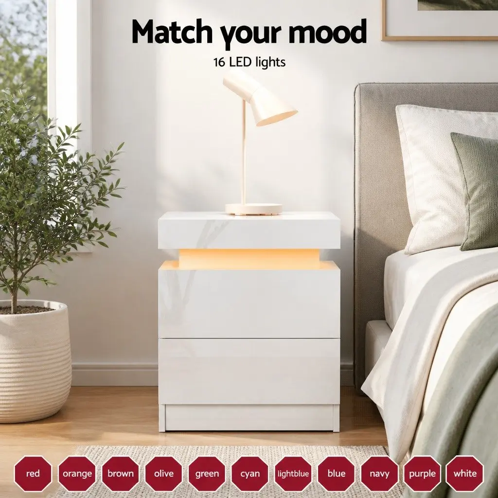 Bedside Table with LED Lights 2 Drawers Lift-up Storage White Modern Bedroom