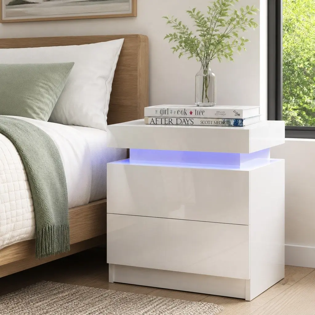 Bedside Table with LED Lights 2 Drawers Lift-up Storage White Modern Bedroom