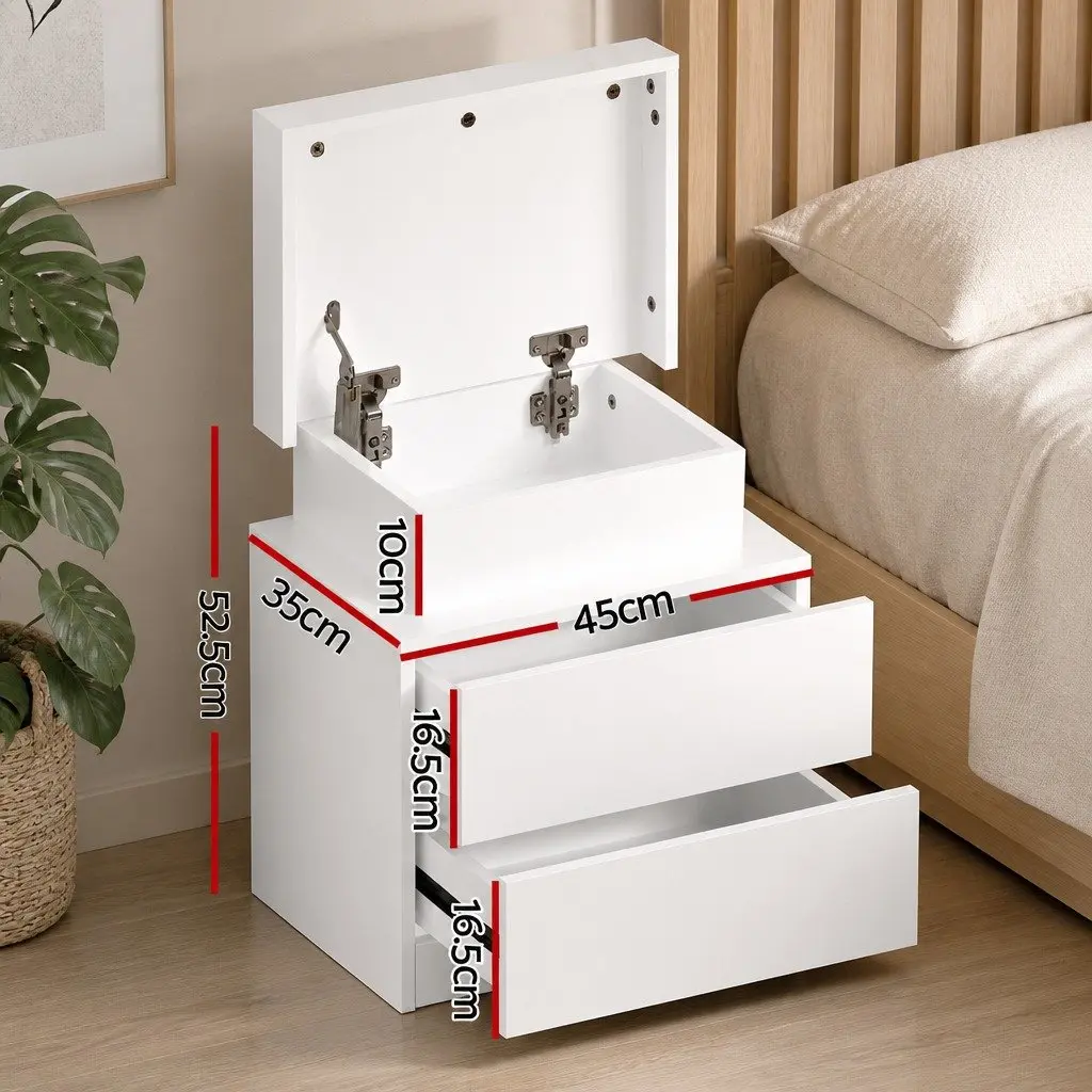 Bedside Table LED Storage 2 Drawers White Modern Nightstand