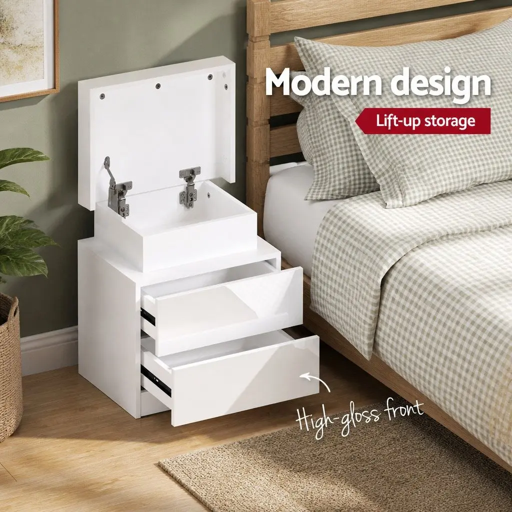 Bedside Table LED Storage 2 Drawers White Modern Nightstand
