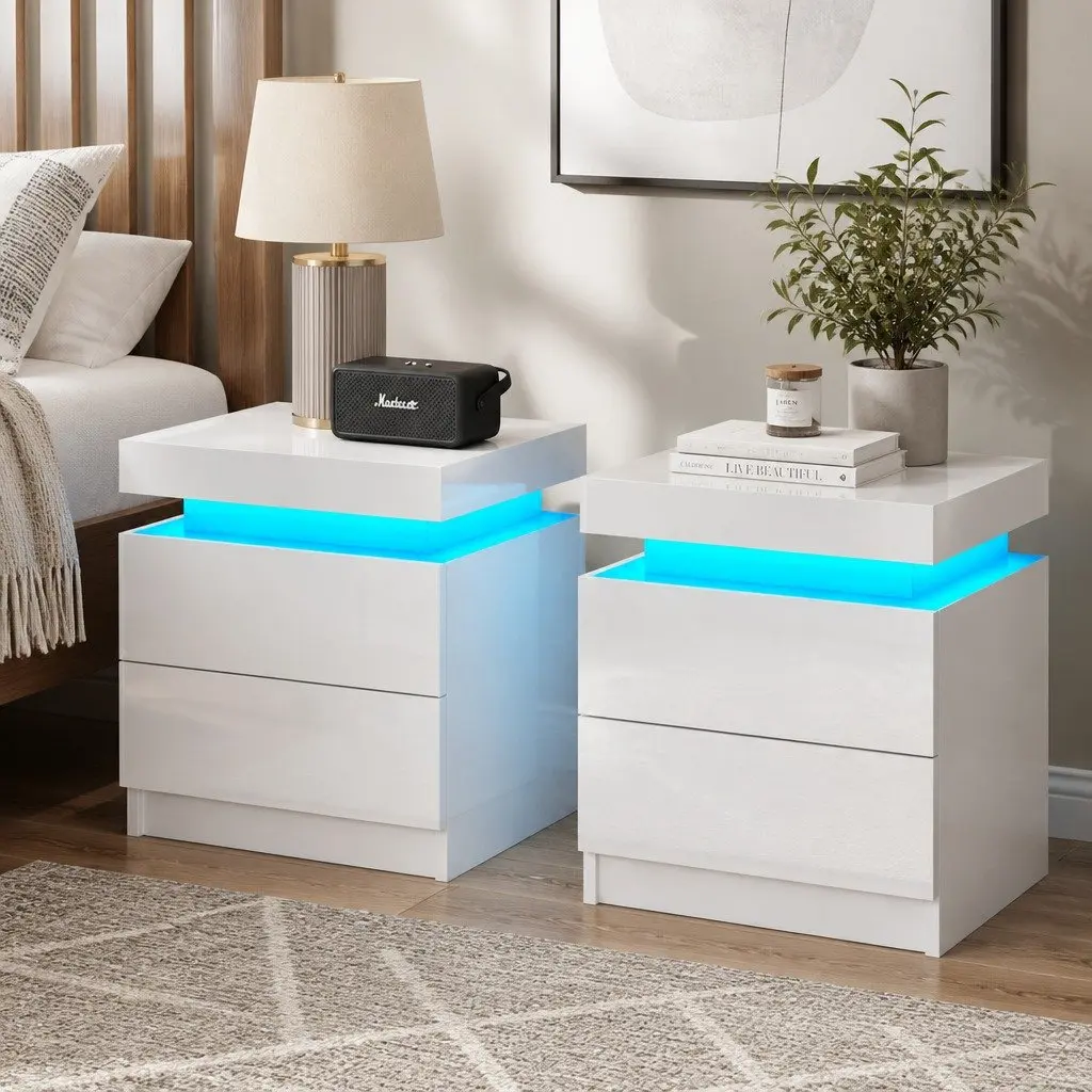 Bedside Table LED Storage 2 Drawers White Modern Nightstand