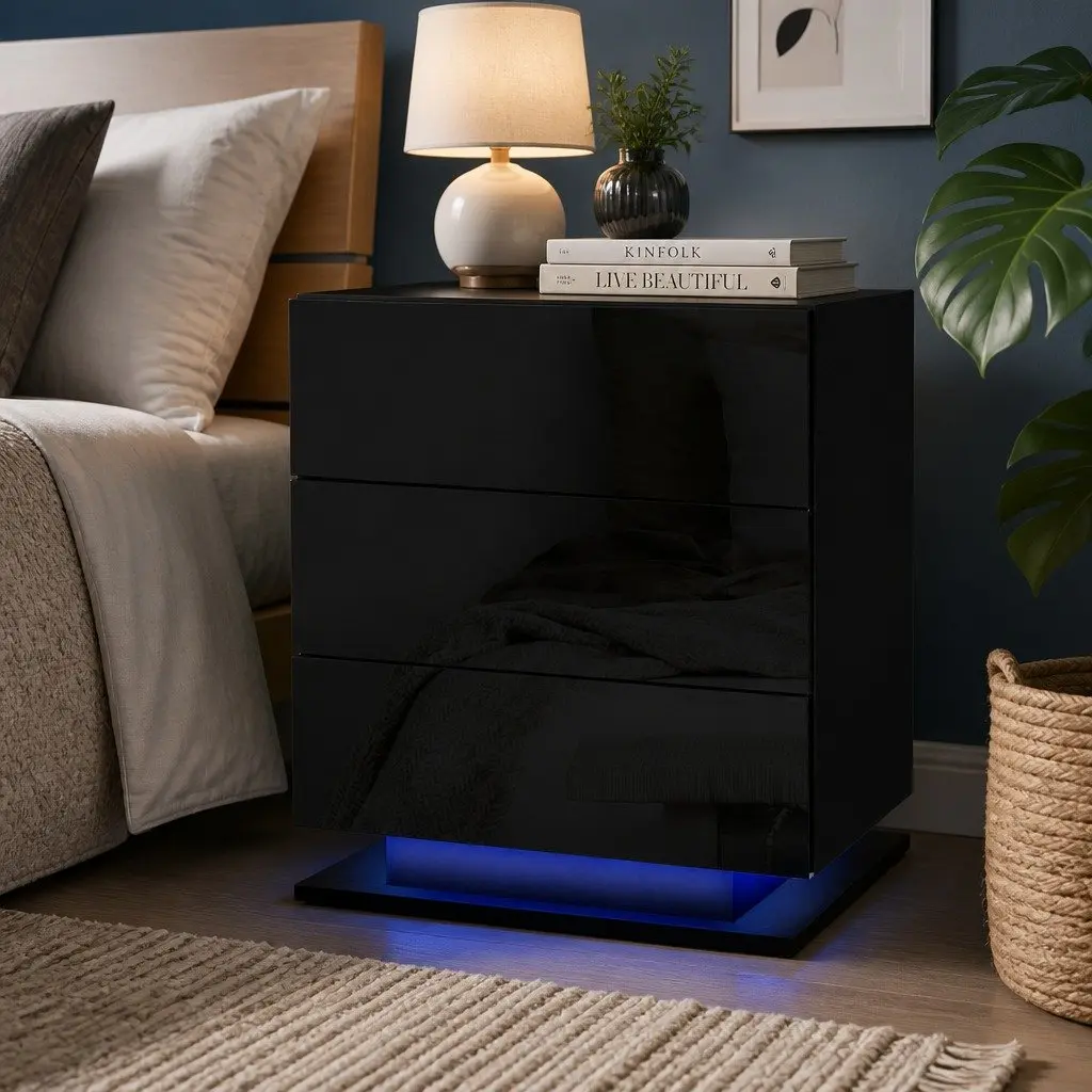 Bedside Table LED Modern Black 3 Drawers Bedroom Nightstand