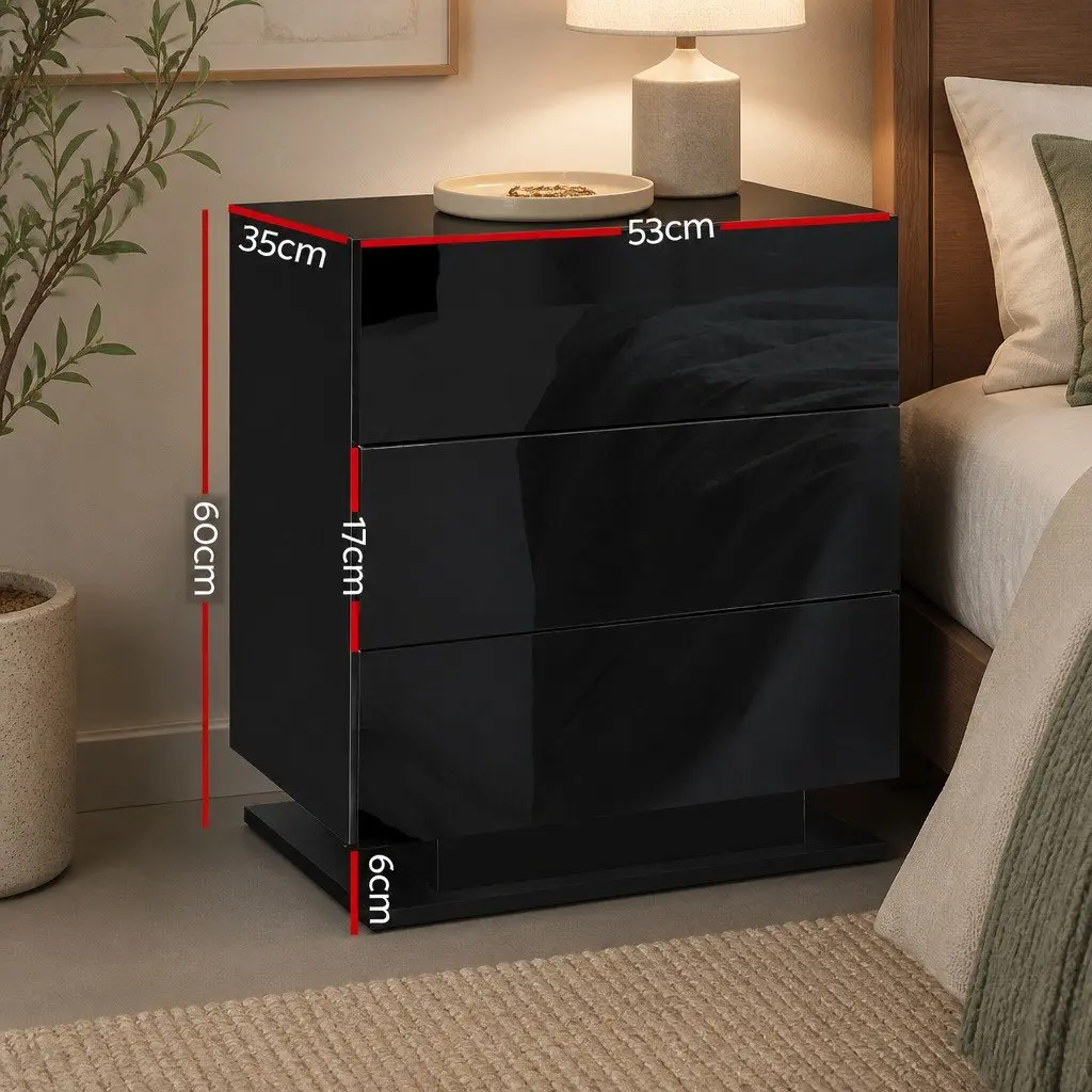 Bedside Table LED Modern Black 3 Drawers Bedroom Nightstand