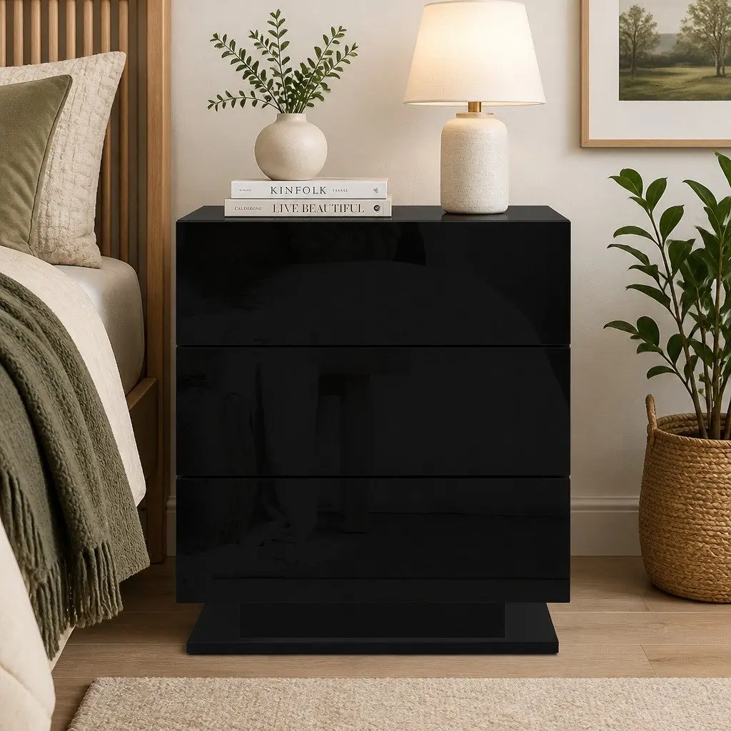 Bedside Table LED Modern Black 3 Drawers Bedroom Nightstand