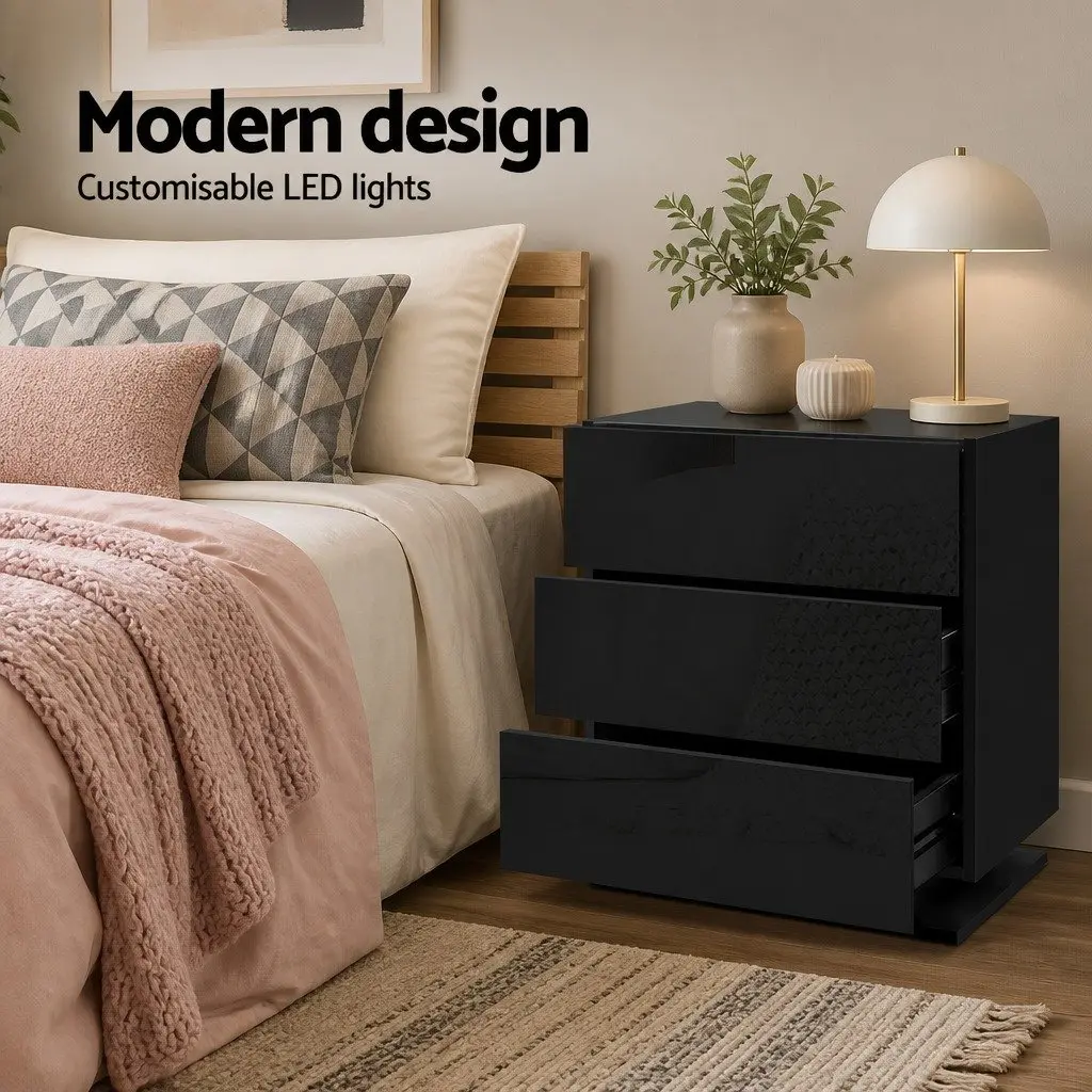 Bedside Table LED Modern Black 3 Drawers Bedroom Nightstand