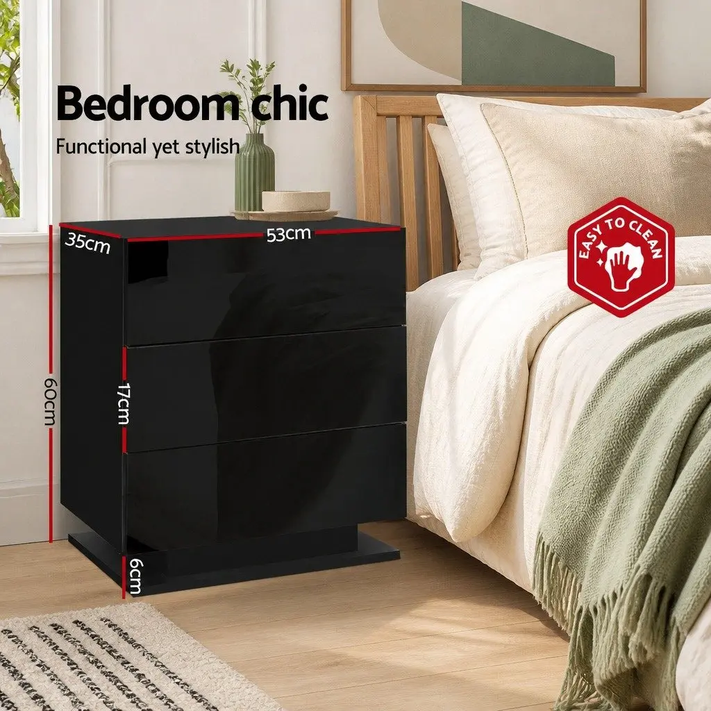 Bedside Table LED Modern Black 3 Drawers Bedroom Nightstand